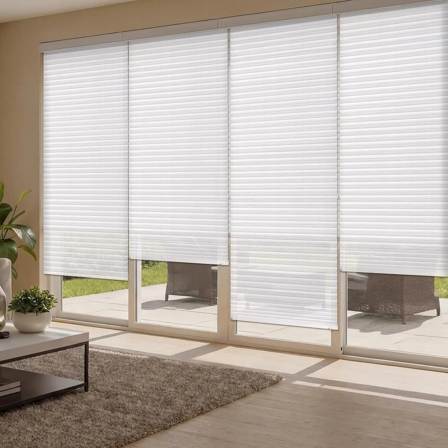 4 Pcs 35 x 110 Inches Temporary Blackout Blinds for Indoor Windows No Tools Cut to Size Fabric Paper Pleated Adhesive Privacy Shades for French Door Sliding Door Light Filtering White