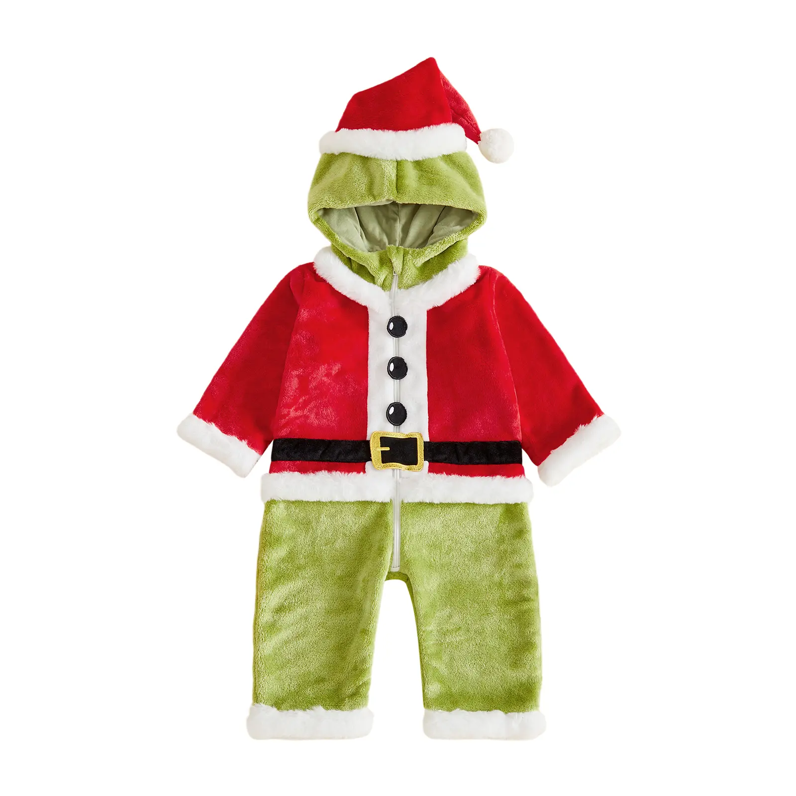 Meihuida Toddler Baby Boy Girl Green Monster Xmas Cosplay Outfit Velvet Santa Plush Hooded Romper Belt Decor Jumpsuit Fall Winter Clothes