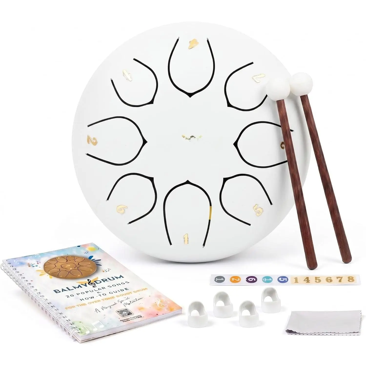 6 in Alloy Steel Pre-Tuned Steel Tongue Drum - 8 Notes, 440Hz, Rain Sound Instrument with Book, Mallets, Carry Bag, Finger Picks, Anti-Slip Base Pads for Meditations, Outdoor Use (White)