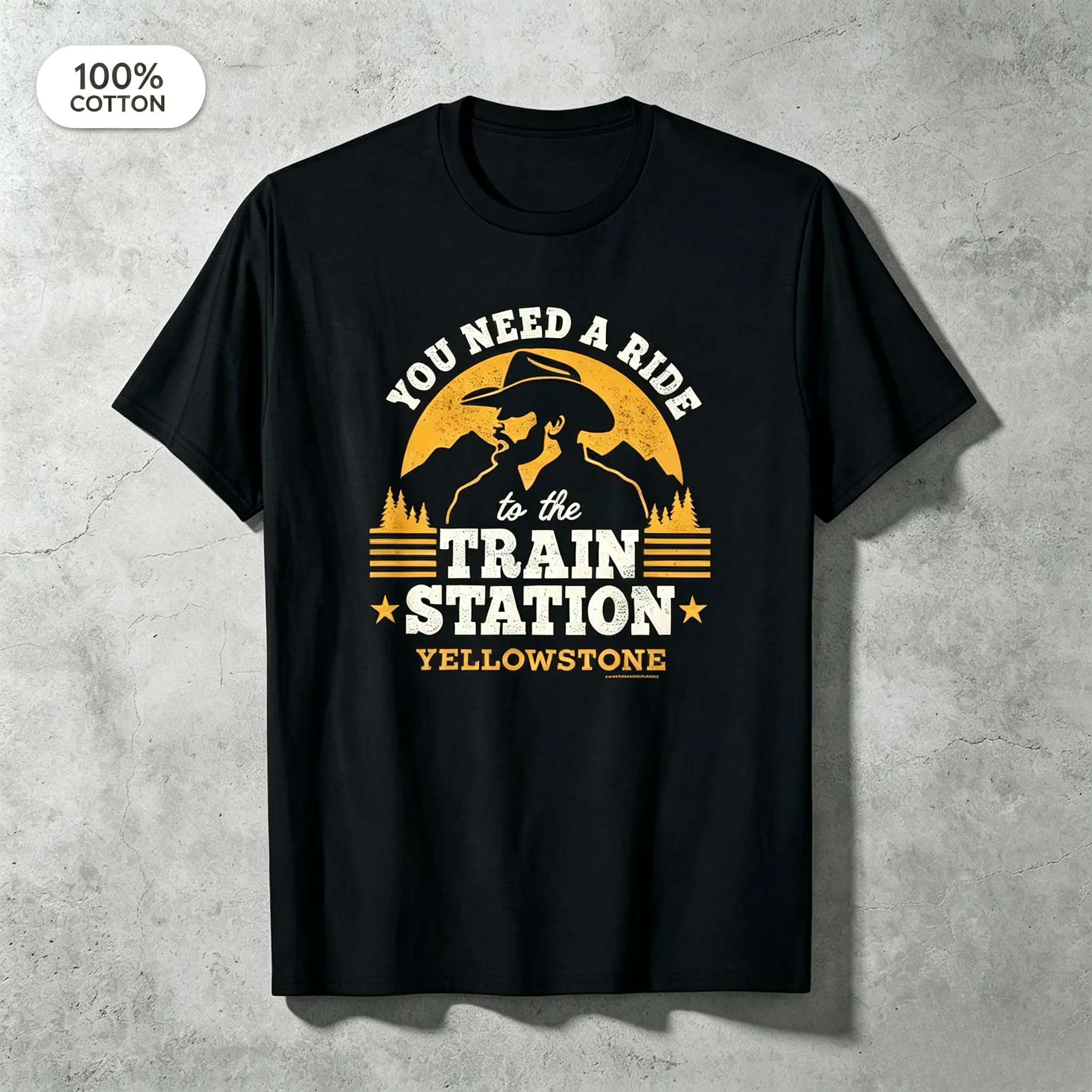 Retro Yellowstone Graphic T-Shirt, Unisex Casual Short Sleeve Round Neck, Comfortable Soft 100% Cotton with Western 'Train Station' Quote, Shortsleeve, Tshirt