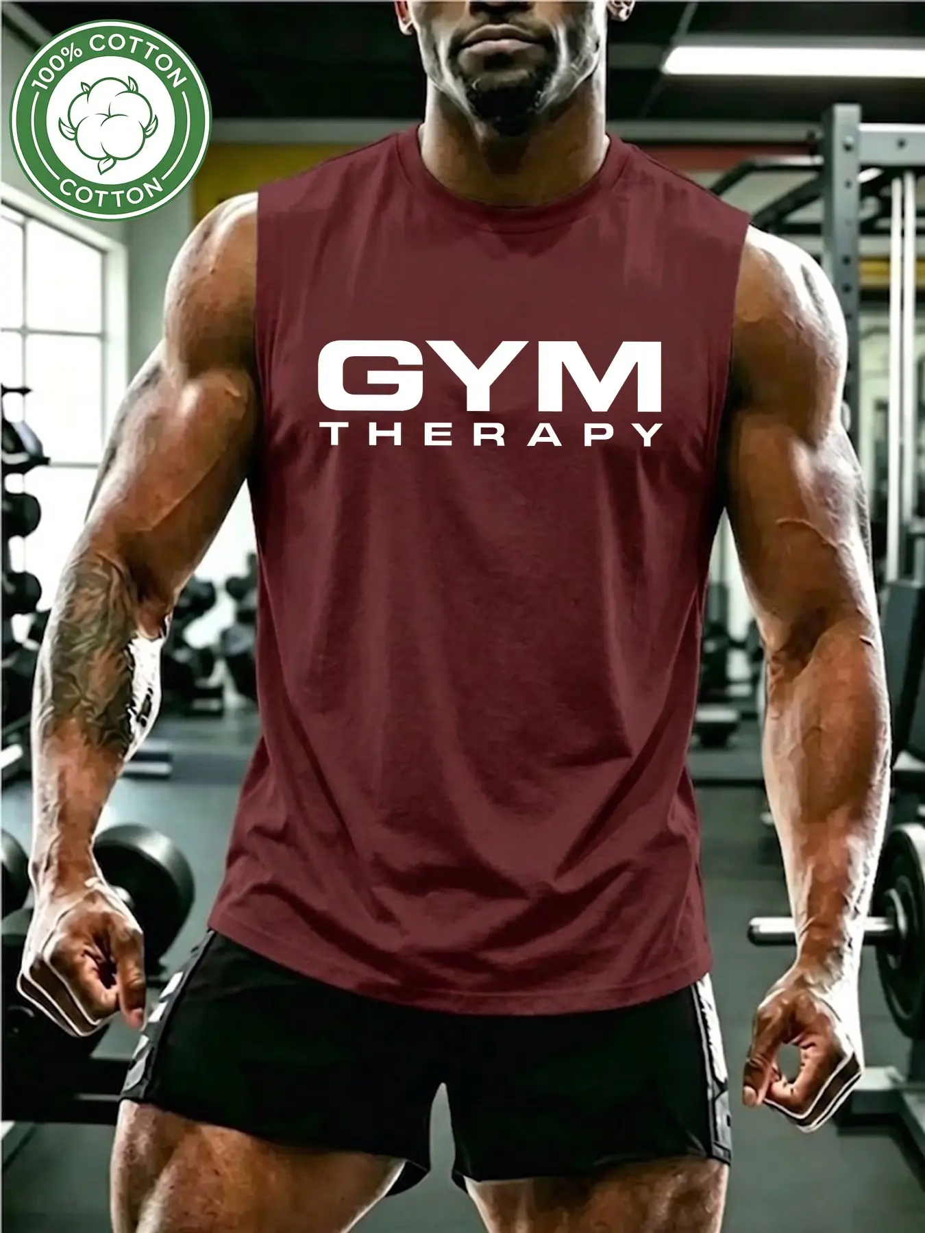 Men's 100% Cotton Sleeveless Gym Tank Top with GYM THERAPY Print, Multi-Wear & Multi-Scene Athleisure Vest, Light Outdoor Streetwear for Daily Commute, Weightlifting, Running, Hiking & Fitness Training, Muscle-Hugging Sleeveless Tee for Men