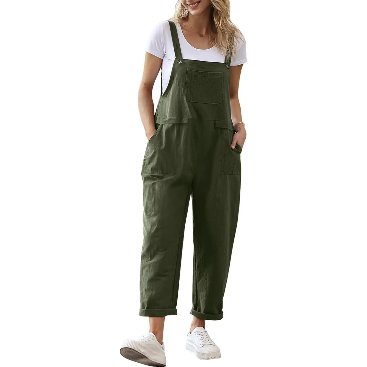 Women Long Casual Loose Bib Pants Overalls Baggy Rompers Jumpsuits with Pockets PV9