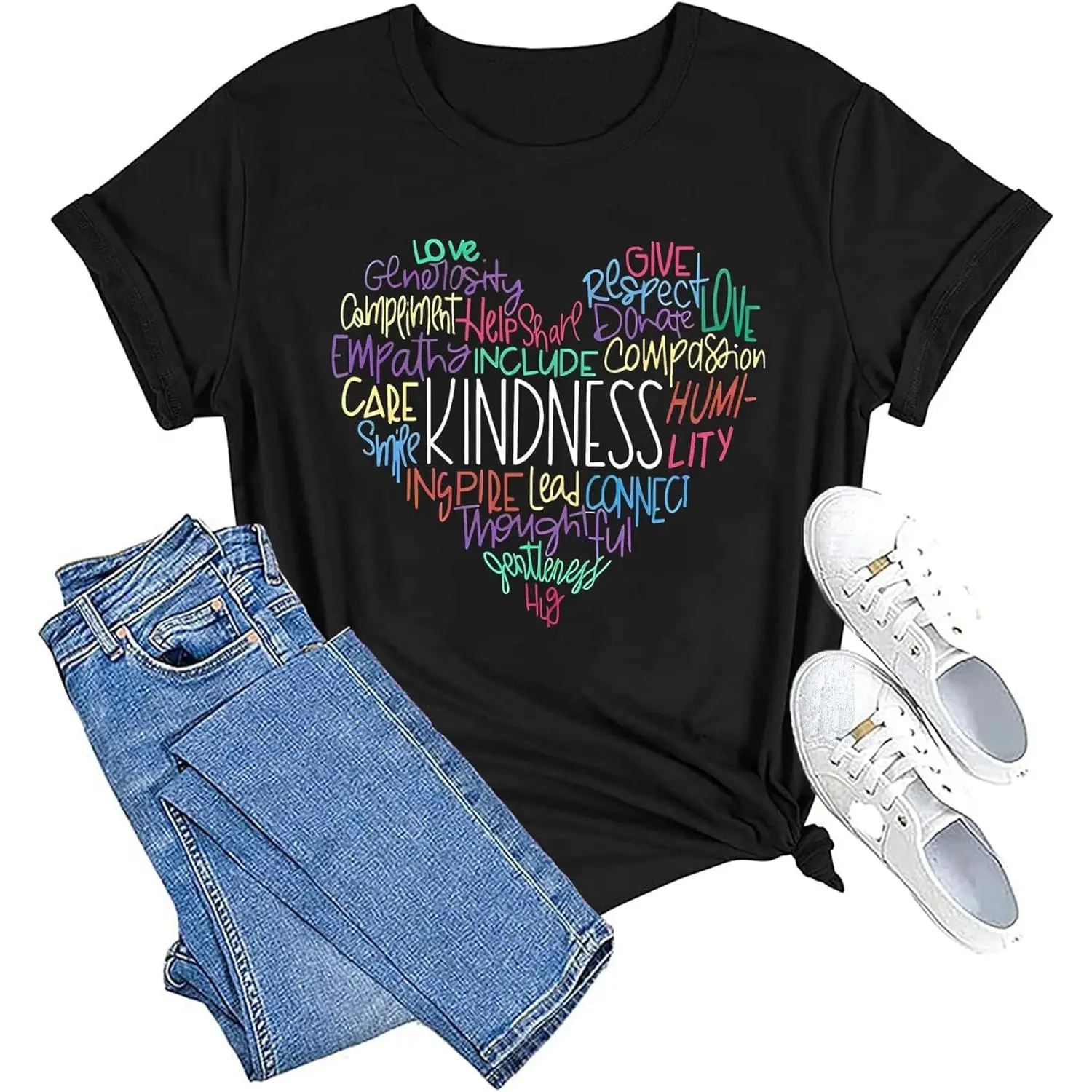 Women's Kindness Heart Graphic T-Shirt, Classic Fit 100% Pure Cotton Casual Short Sleeve Inspirational Fashion Top, Soft, Breathable, Digital Print, Matching