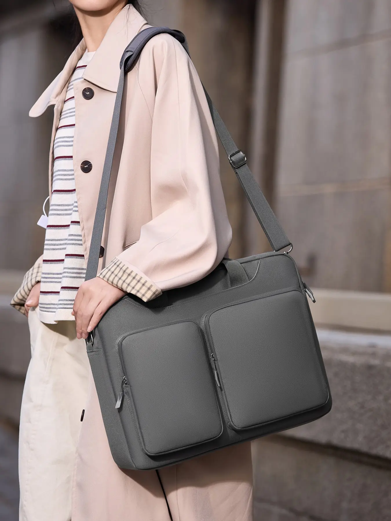 Expandable Laptop Bag 39.62 Cm, Casual Fabric Briefcase with Secure Closure for Men & Women, Plain Design, All-Season Use, Travel