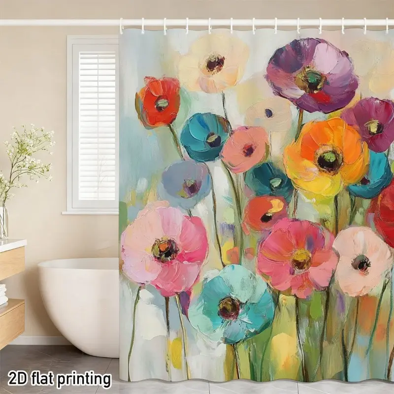 1 2D Flat Printing colorful poppy shower curtain, designed with bright watercolor floral patterns, universal in all seasons, bathroom decoration, with 12 hooks, housewarming gift | For flower lovers