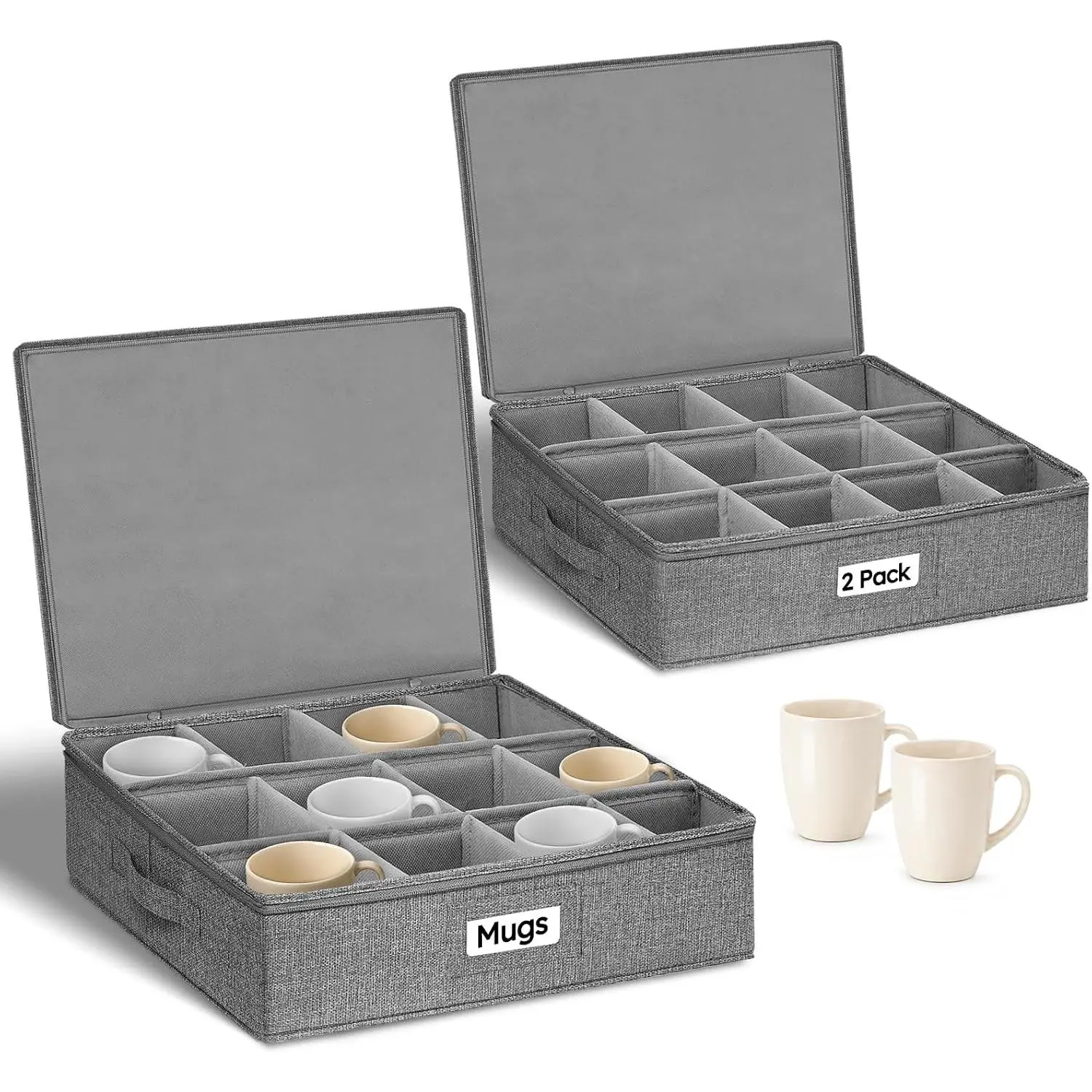 Mug Storage Organizer, Hard Shell Coffee & Teacup Storage Box with 12 Padded Compartments, Stackable Portable Cup Storage Organizer for Holiday, Seasonal & Moving Use, 2-Pack, Grey