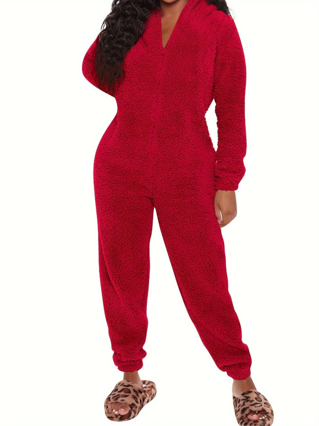Women's Solid Zipper Hooded Plush Pajama Jumpsuit, Casual Long Sleeve Teddy Bear Ear Design Jumpsuit for Fall & Winter, Women's Sleepwear for Indoor Wear, Fluffy Lady Pajamas, Loungewear