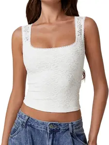 Women's Lace Trim Square Neck Sleeveless Double-Layer Tank Top