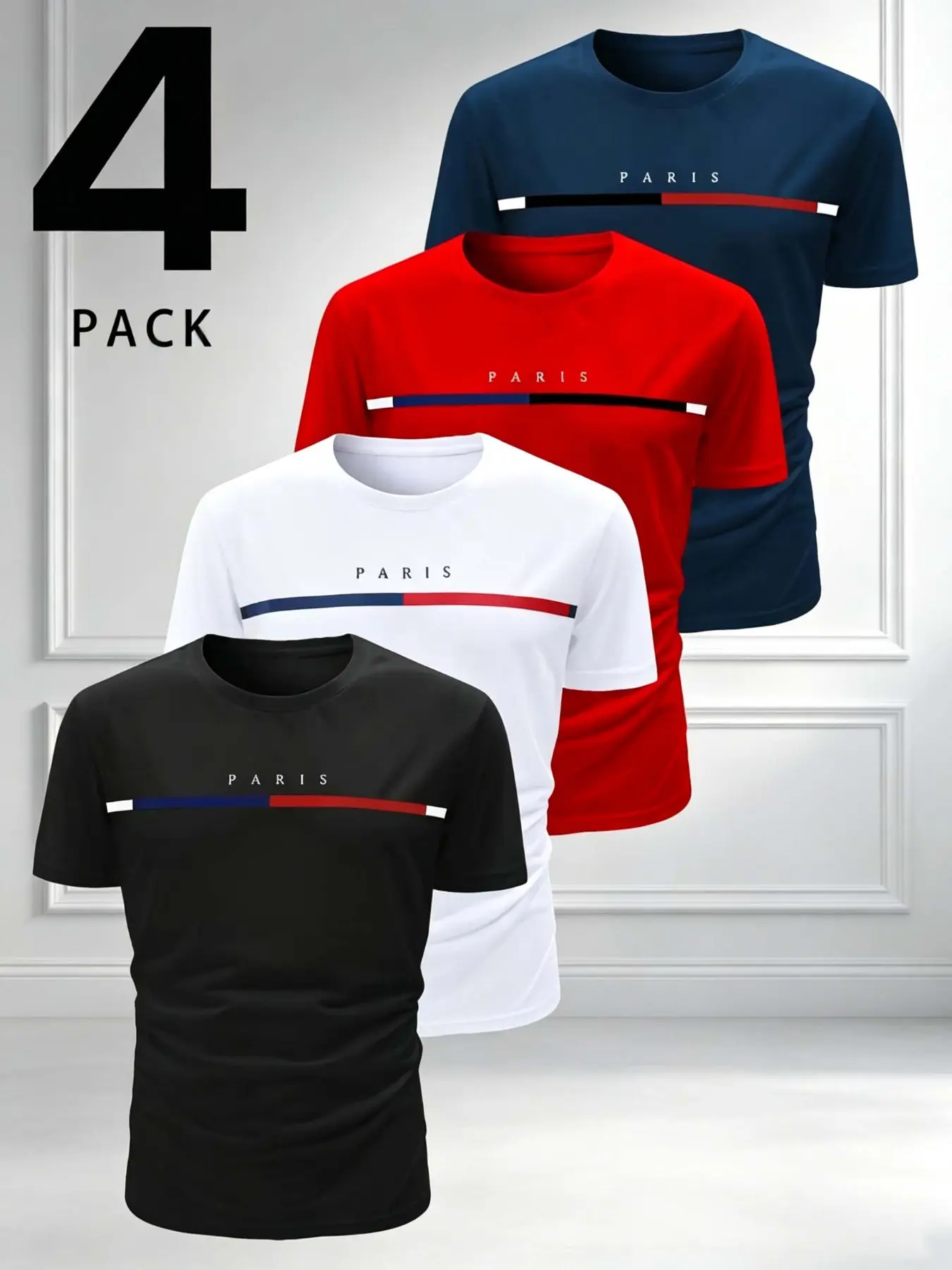 4-Pack Men's Letter Print T-Shirts, Short Sleeve Round Neck, Geometric Pattern, Breathable Quick-Dry Fabric, Ideal for Running and Casual Wear, Athletic Tee Shirts, Casual Sportswear
