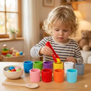 Montessori Color Sorting Cups Set, Wooden Toy for Toddlers, Matching Game with Peg Dolls, Sensory Color Classification Toy