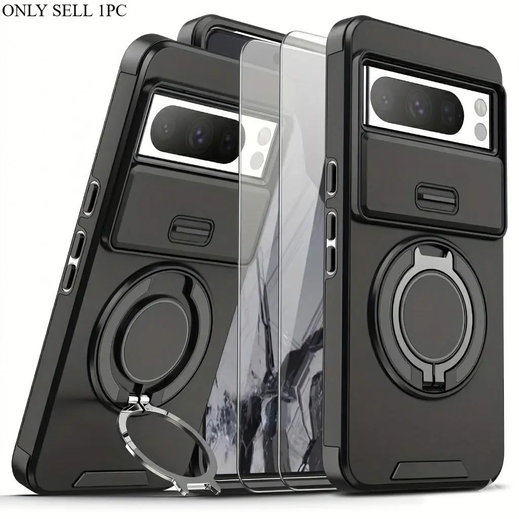 3 PCS 1 Phone Case with 2X Clear Screen Protectors, Durable Protector, Suitable for Google Pixel 10 9Pro XL 9A 8Pro 8A 7 Pro 7 Series, Shockproof 360° Rotating Metal Stand Phone Case with Sliding Lens Cap Camera Lens Protector