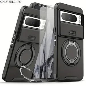 3 PCS [1 Phone Case with 2X Clear Screen Protectors] Suitable for Google Pixel 10 9Pro XL 10 9Pro 10 9A Pixel 8Pro 8A 7 Pro 7 Series, Shockproof 360° Rotating Metal Multi-functional Stand Phone Case with Sliding Lens Cap Protection Camera Lens Protector
