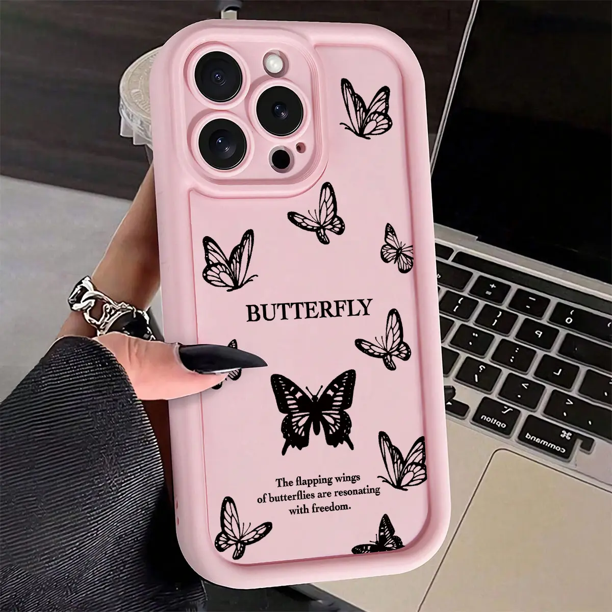 Fluttering Black Butterfly Print Pink Phone Case, Suitable For IPhone 17, 16, 15, 14, 13, 12, 11, XS, X, Plus, Pro, Max, Air Series. With A Splash-Proof Cover, Durable Phone Cover, Stylish Gift