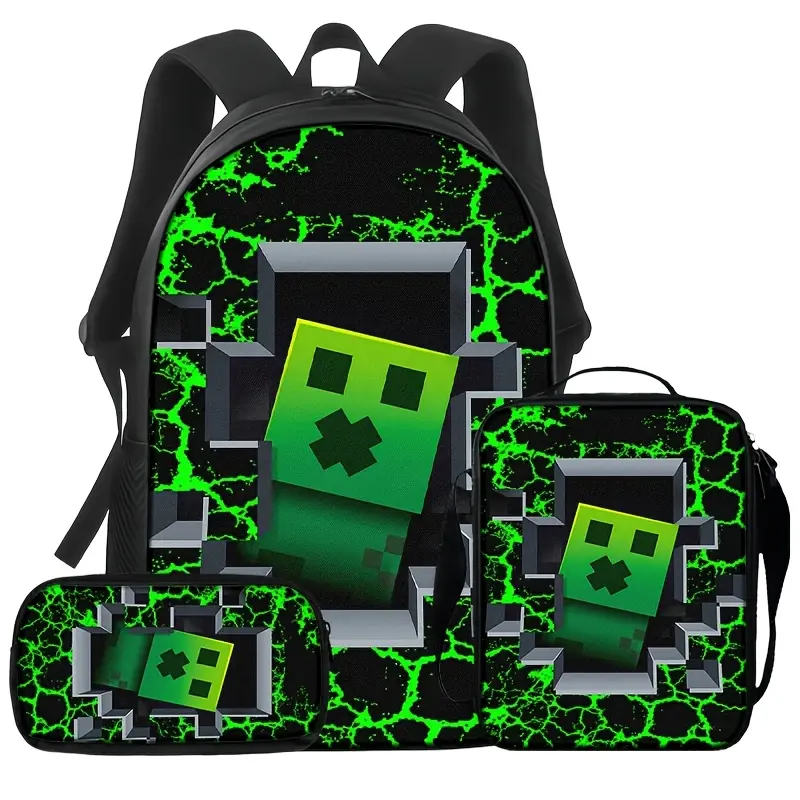 Green Pixel Monster 3 Piece Backpack Set for Kids and Teens, Block Style Gaming School Bookbag with Matching Lunch Bag and Pencil Case, Gamer Travel Daypack Gift, Back to School Gaming Gift