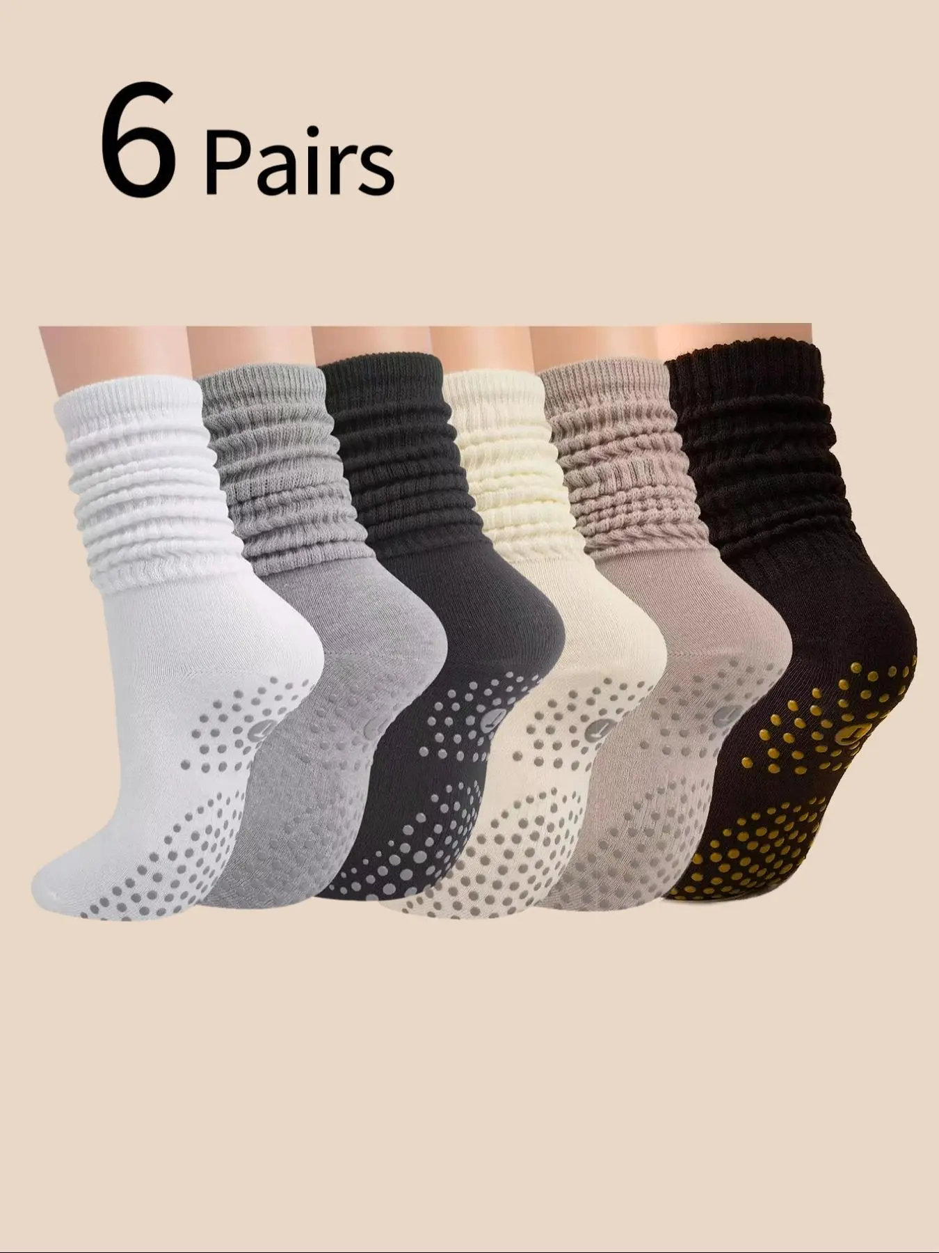6 Pairs Women's Yoga Socks, Mid-Calf Non-Slip Sports Socks, Pilates Fitness Training Socks, Indoor Jump Rope Dance Floor Socks