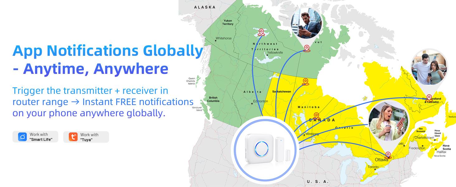 WiFi Door Sensor Chime, Smart Door Open Alert Window Sensor for Business/Home/Kids Safety, Real-Time App Notification, 500ft Range, 32 Melodies, 5 Volume Levels, Window Contact Sensor Alarm Kit