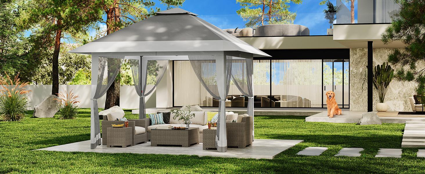 13x13FT Pop Up Gazebo, Outdoor Canopy Tent with Mosquito Netting, Pop Up Canopy with Double Roof Design & Adjustable Height, UV-Resistant Patio Gazebo Sunshade for Graden/Backyard/Lawn/Beach (Gray)