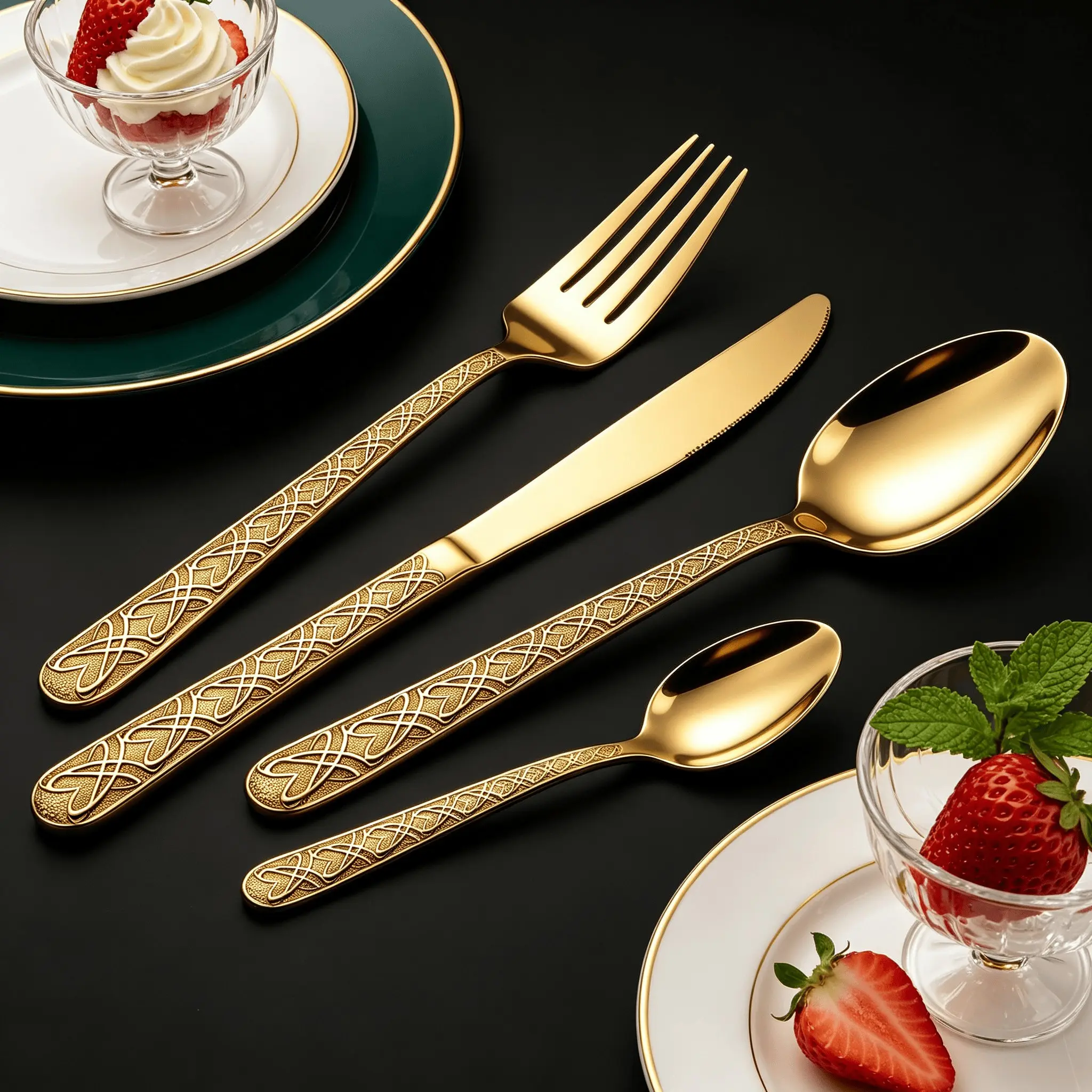 24Pcs Gold Stainless Steel Flatware Set with Dinner Knife, Fork, Spoon & Teaspoon, Vintage Retro Carved Pattern, Mirror Polished Rustproof Dishwasher Safe Cutlery, Ideal for Home Dining, Wedding & Banquet Use