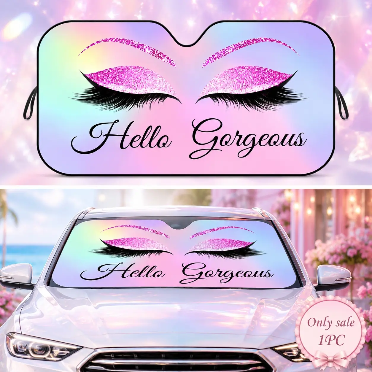 Fashion Pink Glitter Lids Dramatic Long Lashes Pattern Eyelash Car Windshield Sun Shade, Foldable Reflective UV Blocking Heat Insulation Cover, Keeps Interior Cool, Protects Dashboard, Universal Fit for Cars SUVs Trucks, Stylish Summer Auto Accessory