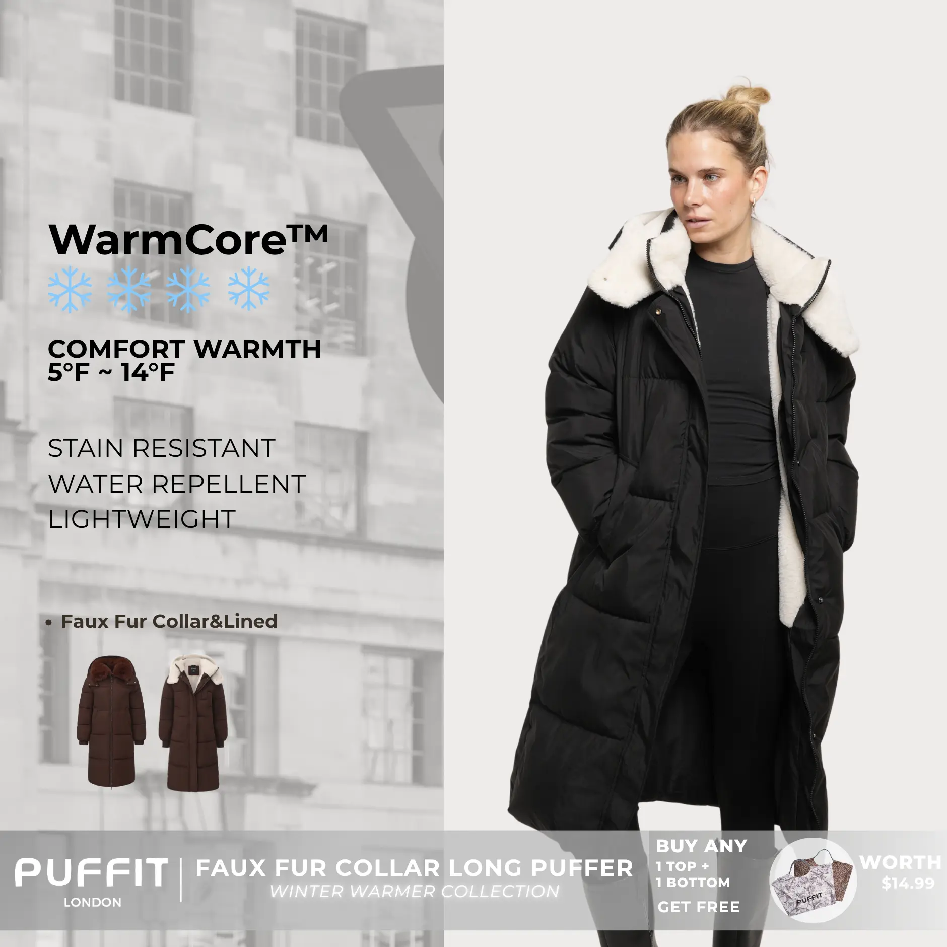 PUFFIT WarmCore Premium Classic Hooded Long Puffer Coat Women Long Ladies Quilted Outerwear Jacket Big Pocket, Water Repellent  Winter Warm Basic Long Sleeve Tops Coat,Womenswear
