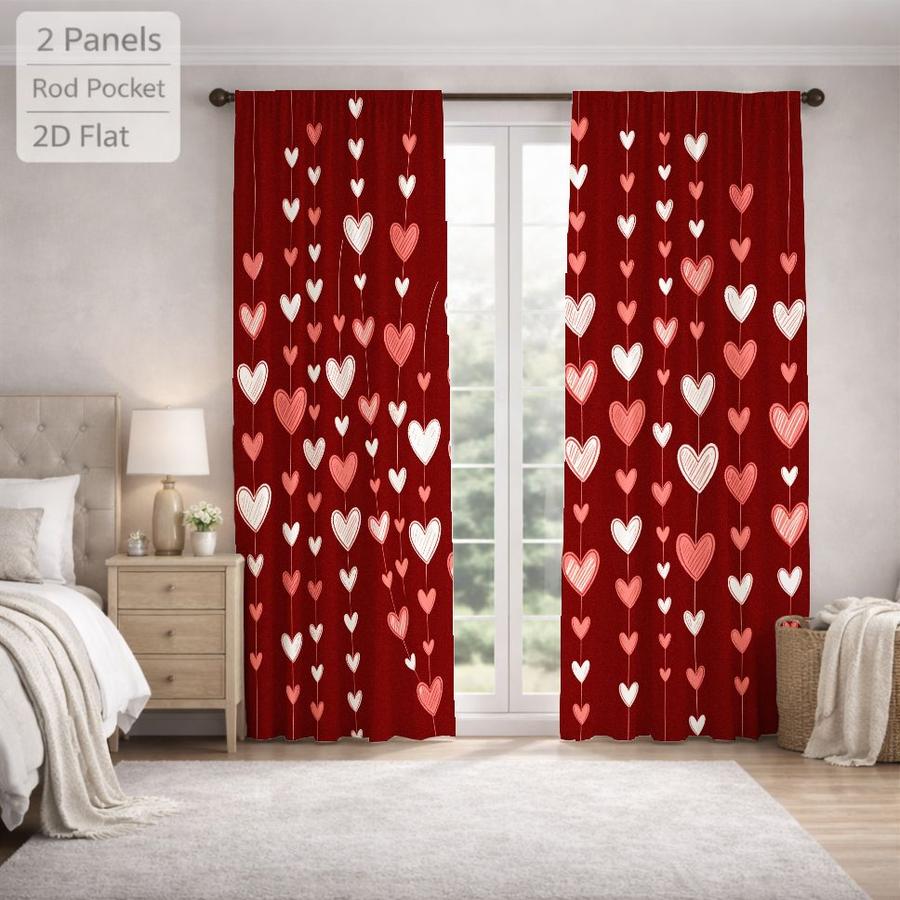 2Pcs Romantic Red Heart Pattern Sun Blocking Curtains Digital Printed Rod Pocket for Bedroom Office Kitchen Living Room Study Home Decor Soft Light Filter Easy Installation