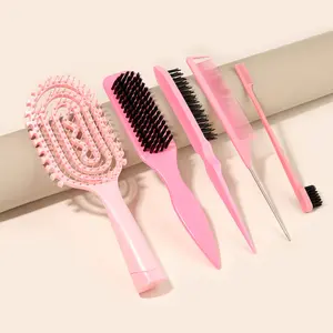 5-Piece Professional Hair Styling Comb Set, Hollow Large Bend Comb, Oil Brush, Straightening Comb, Edge Control Brush, Travel Kit