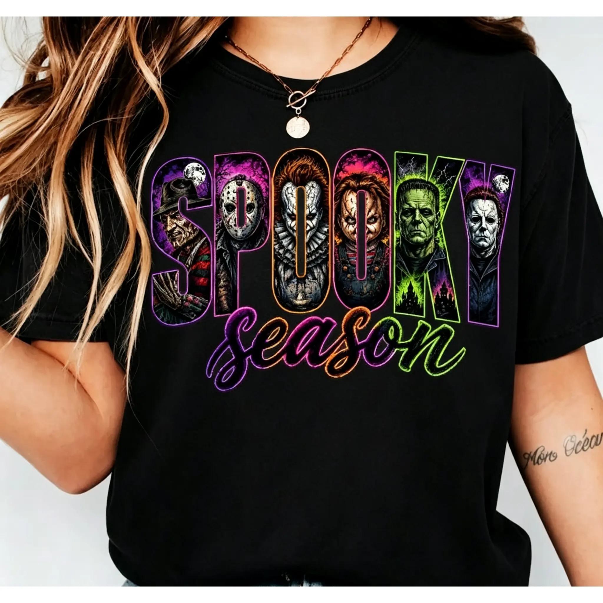 Comfort Colors Neon Horror Halloween Shirt, Retro Scary Movie Graphic Tee, Vintage Horror Character T-Shirt, Spooky Season Fall Apparel