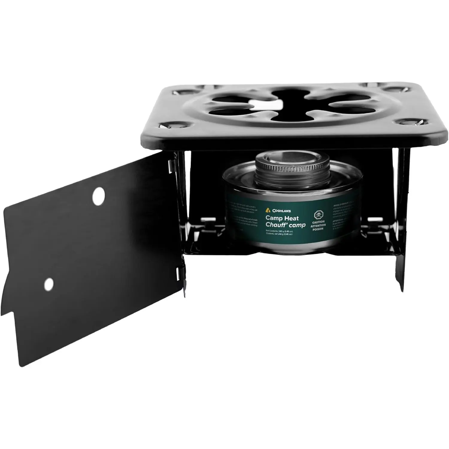 Coghlan's Portable Folding Camp Stove – Compact, Lightweight Steel Cooking Stove for Camping, Backpacking, Hiking, or Emergency Use – Uses Canned Heat or Fuel Tablets, Black