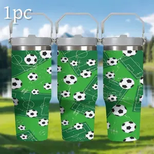 1pc 30oz Football Stainless Steel Tumblers Insulated Cup with Handle & Straw, Best Gift for Soccer Lovers, Suitable for Commuting and Outdoor Use