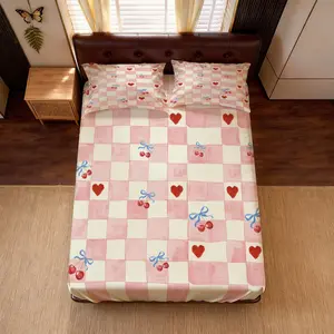 Plaid Cherry Heart Fitted Sheet Set, 3 Pieces (1 Fitted Sheet + 2 Pillowcases, No Pillow Inserts Included), Sweet Coquette Style Deep Pocket Bedding, Soft Breathable Microfiber, for Girls’ / Teens’ Bedroom Decor