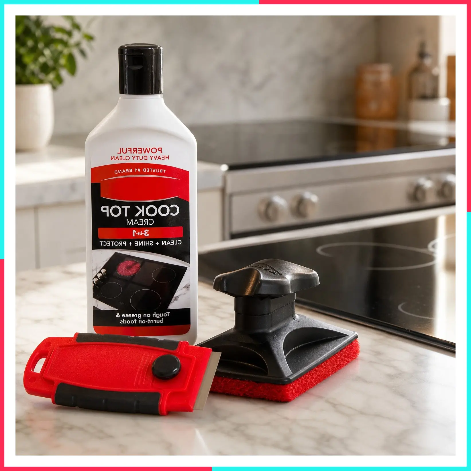 Cooktop Cleaner Kit for Glass, Ceramic, Electric, Gas & Induction Stove Tops & Ovens with 1 Cooktop Scraper & 3 Scrubbing Pads for Burnt-On Food & Grease