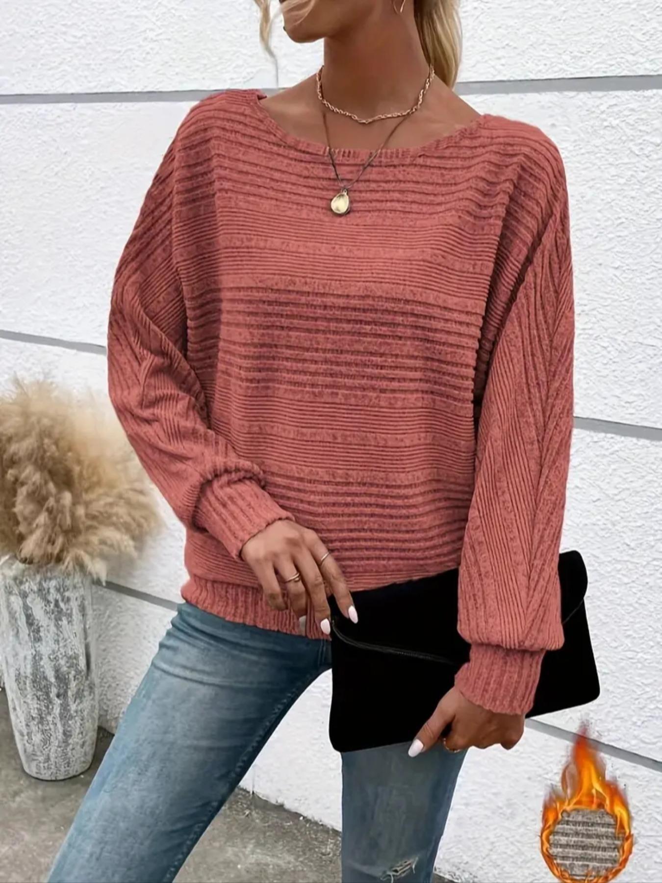 Women's Plain Batwing-Sleeve Tee, Casual Long-Sleeve Crew Neck T-Shirt for Fall & Winter, Fashion Ladies' Clothing for Daily Wear
