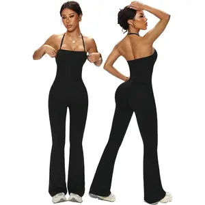 Jumpsuit Adjustable Spaghetti Strap Romper Flare Leg Bodycon One Piece with Scoop Neck Tummy Control Jumpsuit