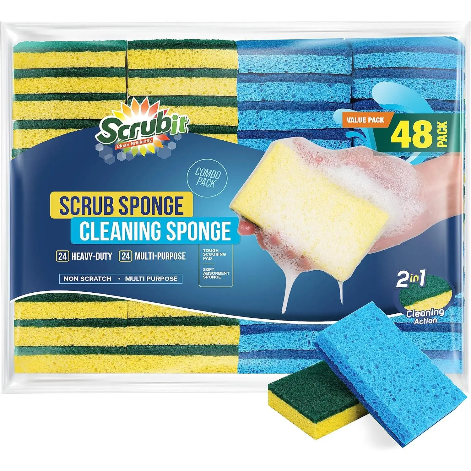 48 Pack Kitchen Sponges Dish Sponge for Washing Dishes, Kitchen & Bathroom – Blue & Yellow Dishwashing Sponges Along with A Thought Scrubber – Bulk Cleaning sponges Kitchen (Blue, Yellow)