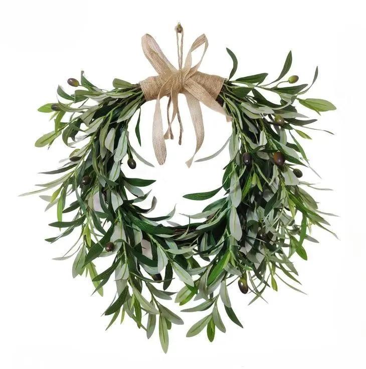 Artificial olive branch wreath with fruits and flowers - a natural-style wreath suitable for walls, doors, windows, and home decoration.