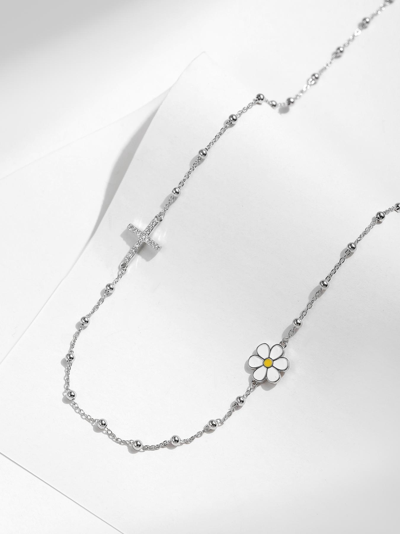 925 Sterling Silver Daisy & Cross & Beads Decor Necklace, Rhinestone Decor Fashion Jewelry for Party, Daily Clothing Decor, Trendy All-match & Exquisite Jewelry for Birthday Gift