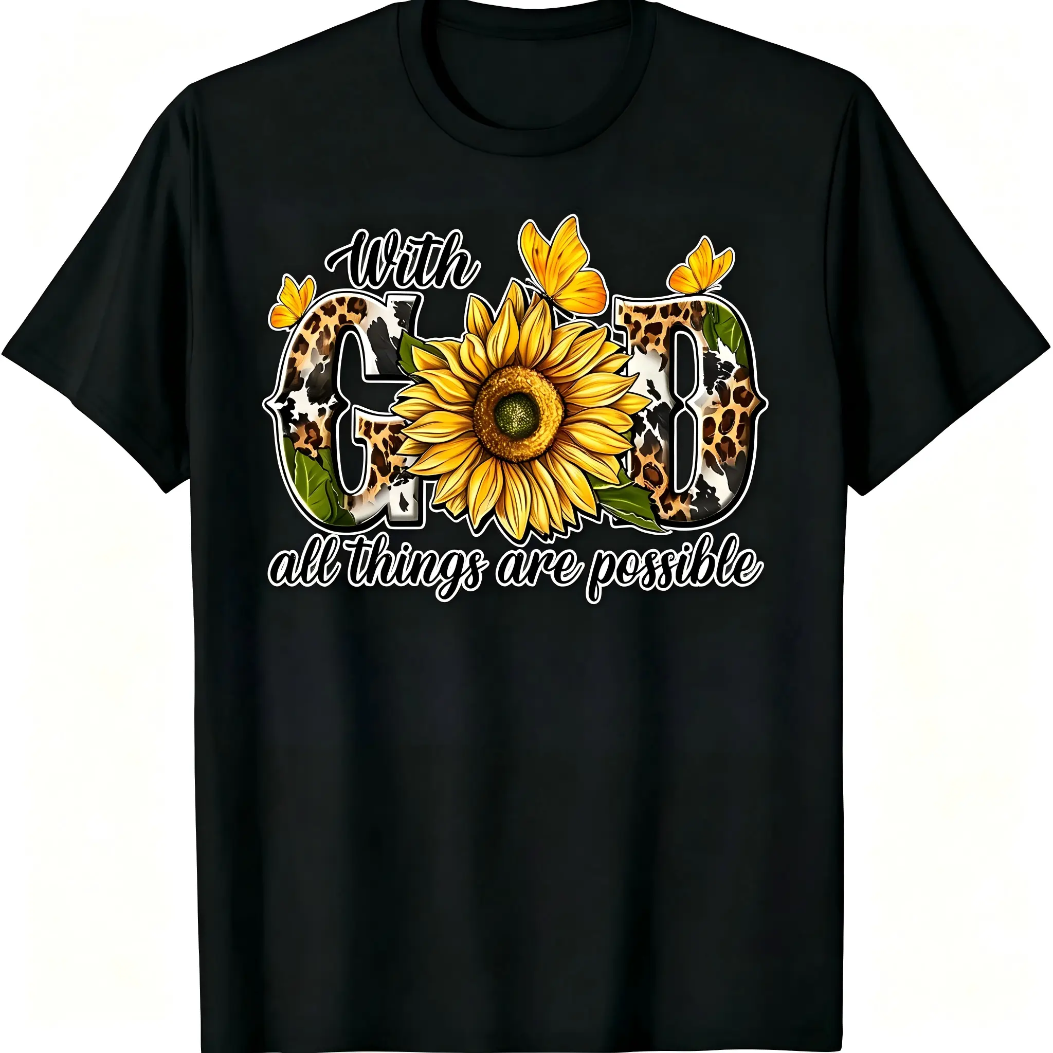 "With God All Things Are Possible" Christian T-Shirt for Men & Women - Sunflower Cow Print Faith Graphic, Soft Breathable Cotton Crew Neck, All-Season Summer Spring Casual, Great for Daily Wear & Country Style, Machine Washable