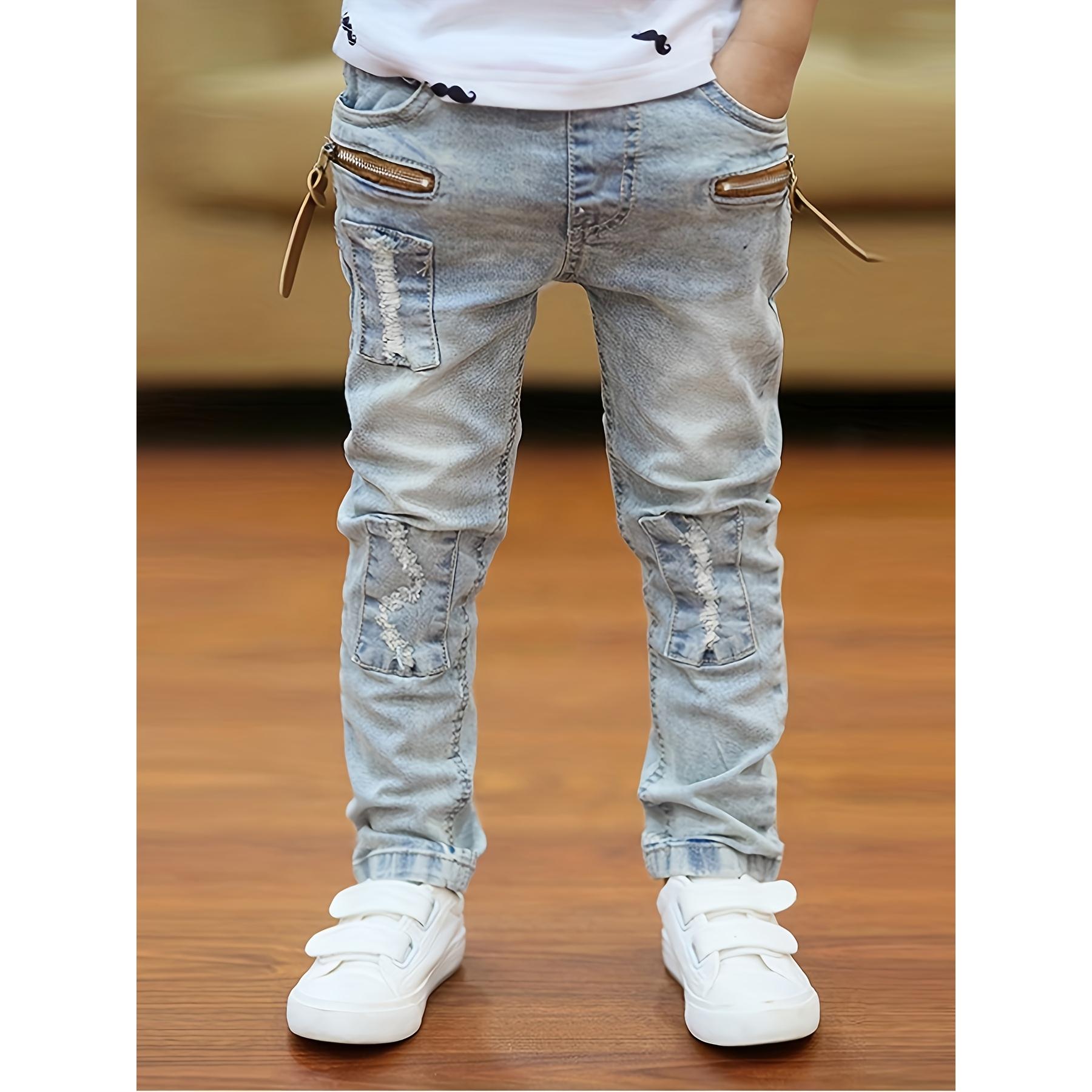 Boys' Distressed Denim Jeans with Zipper Pockets,  Light Blue Ripped Jeans for Toddlers & Kids, Comfortable Casual Pants for Daily Wear