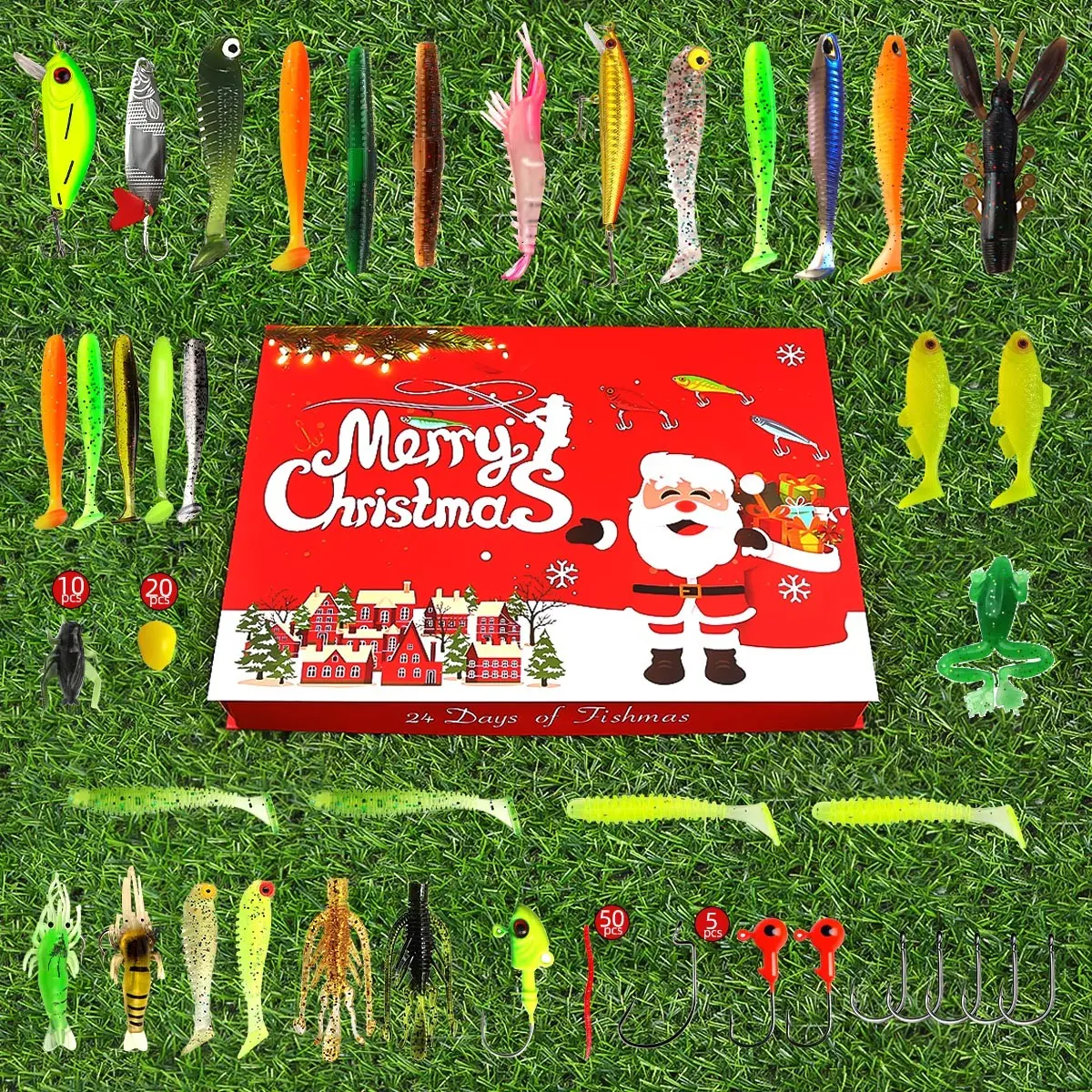 Christmas Advent Calendar Lure Box Set, 24-Day Fishing Blind Box Kit, Soft Hard Baits Hooks Accessories, Creative Christmas Gift, Fishing Enthusiasts Holiday Present