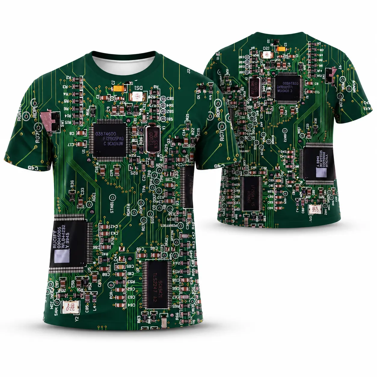 Men’s Circuit Board Graphic T-Shirt, Green Motherboard Electronic Chip 3D Style All Over Print Tee, Short Sleeve Crew Neck Tech Geek Shirt, Programmer Engineer IT Technician Gift, Cyber Streetwear Top