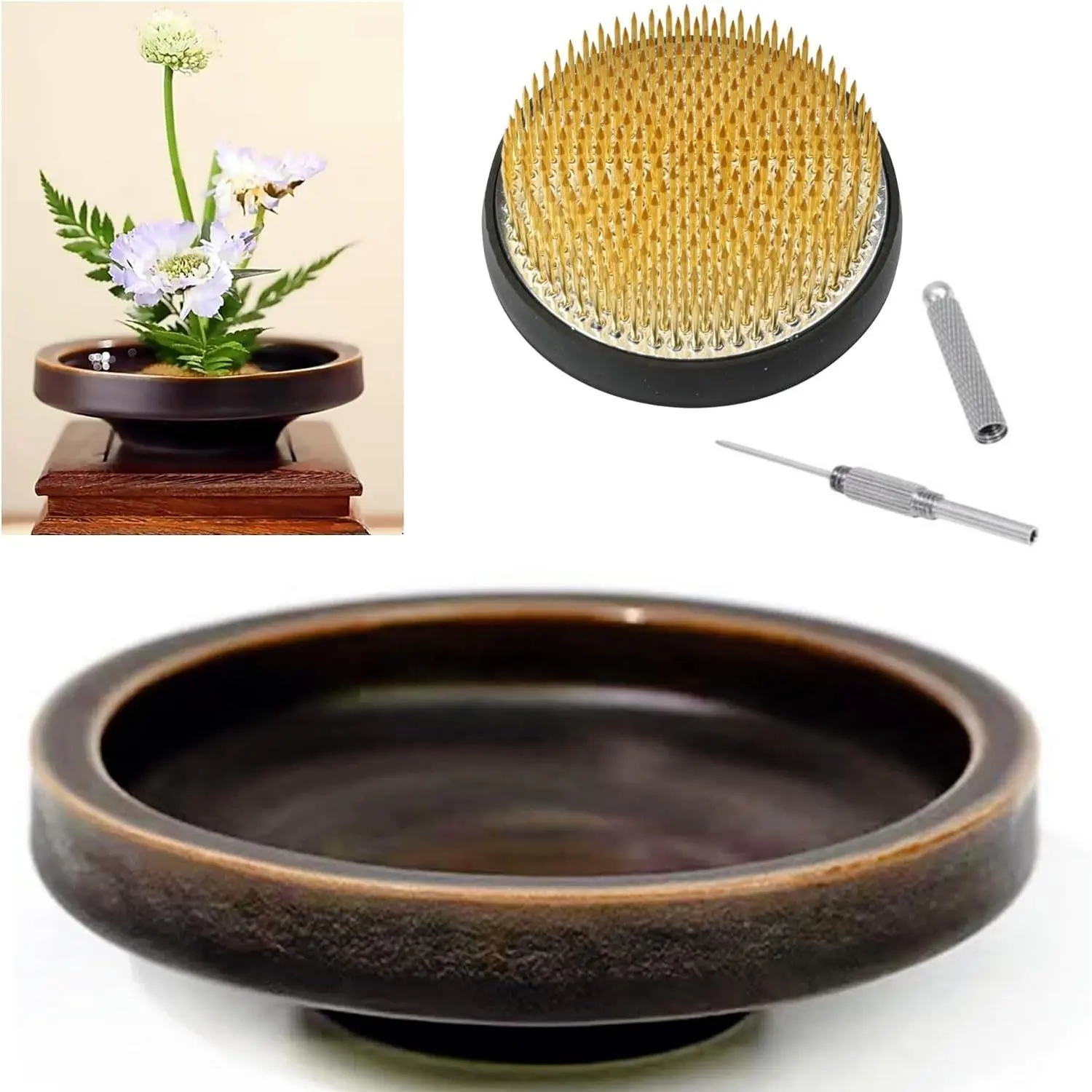 Japanese Classical Ikebana Vase Kit, Minimalist Ceramics Flower Pot Shallow Container with 2.4inch Flower Frog and 2-in-1 Flower Arrangement Kenzan Needle Straightening Tool