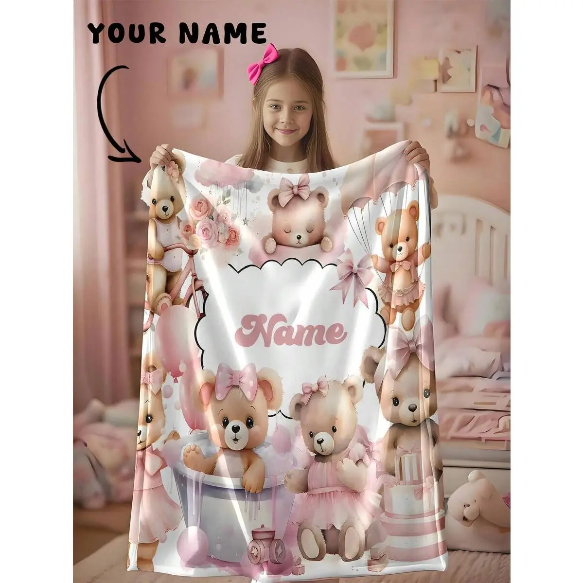 Personalized Bow Bear Throw Blanket, Pink Watercolor Cute Flannel Blanket, Soft Cozy Warm Cover, Custom Name Design, Gift for Her Girl Daughter, Sweet Nursery Kids Room Couch Decor