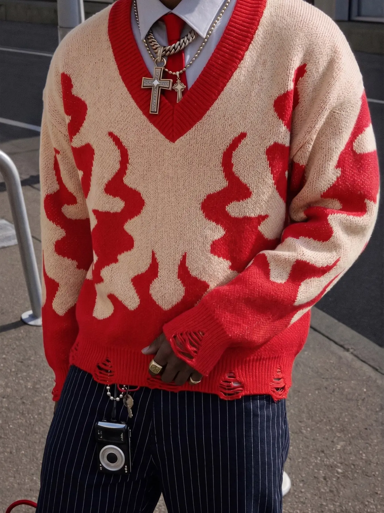 Trendy New Men's Comfortable Fashion Knit Pullover, Retro Street Punk Flame Pattern V-Neck Long Sleeve Sweater, Casual Party Wear