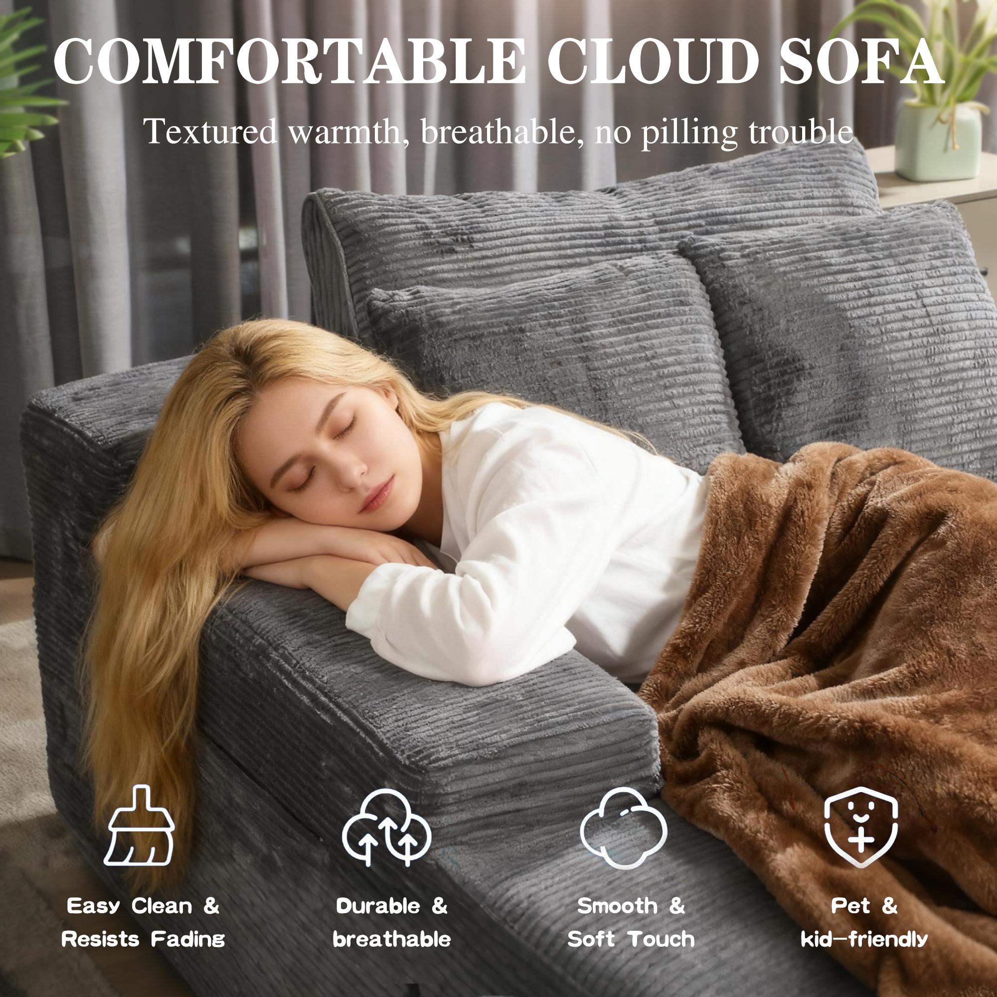 Modern L-Shaped Sectional Sofa with Chaise, Grey Corduroy Couch, Storage Pouches, Throw Pillows