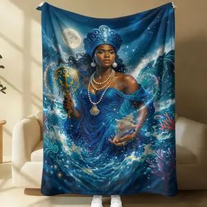 Yemaya Orisha Sea Goddess Flannel Blanket, Cozy Throw Blankets, Ocean Anchor & Pearl Print Warm Throw for Couch Bed Car Seat, Ideal Home Decor, Foldable Portable Travel Blanket, Spiritual Gift for Santeria Lovers