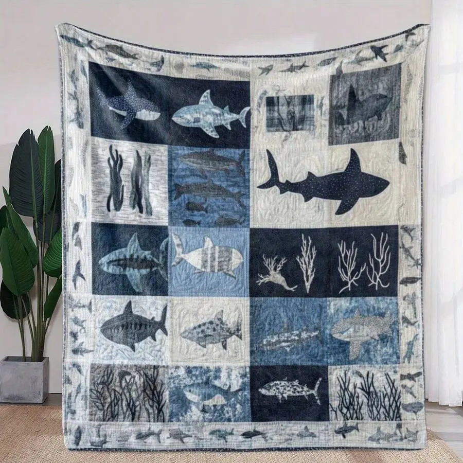 Shark Coral Ocean Quilt Style Flannel Blanket, Multi-Tone Navy Blue Grid Marine Animal Throw Blanket, Soft Plush Warm Blanket for Couch Bedroom, Cozy Comfy Nap Blanket, Perfect Giftable Decorative Blanket for Shark Ocean Coastal Nautical Lovers