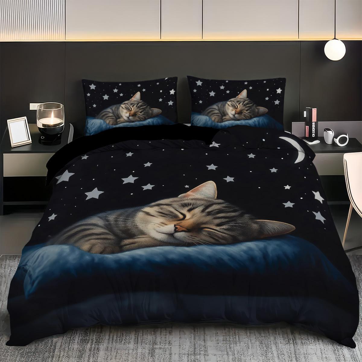 3pcs Cat sleeping pattern printed bedding set, 1 quilt cover and 2 pillowcases, breathable polyester fiber, suitable for all seasons, suitable for teenagers and adults' bedrooms, home decoration, Soft Bedding Set