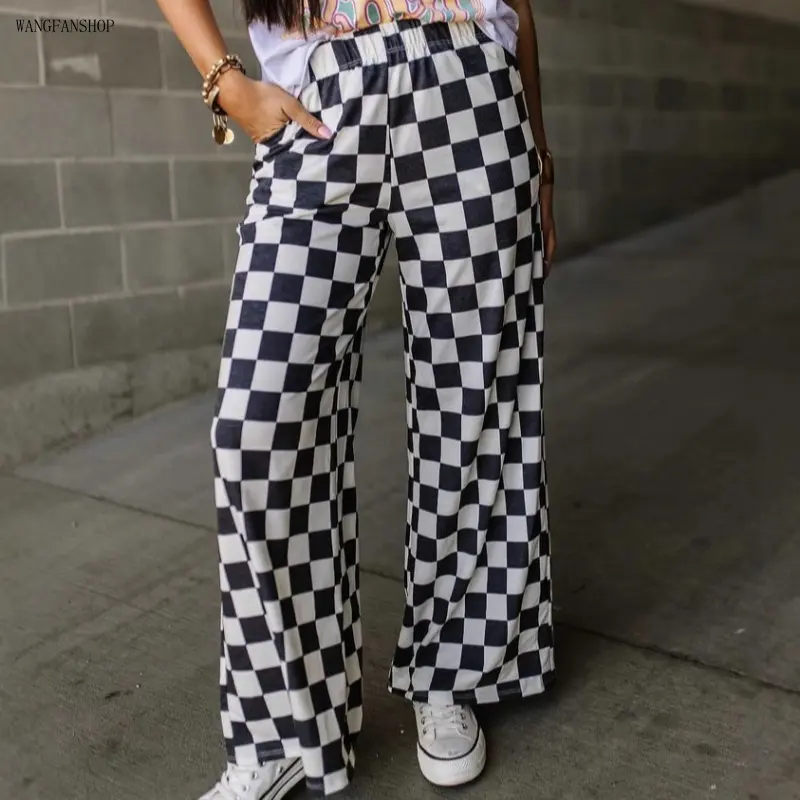 Women Plaid Print Elastic Waist Straight Leg Pants, Pocketed Soft All Season Streetwear Trousers, Loose Breathable Casual Bottoms for Daily Commute Urban Brunch Outfits,Rapper,Costume,Set with Chains,belt,loop,