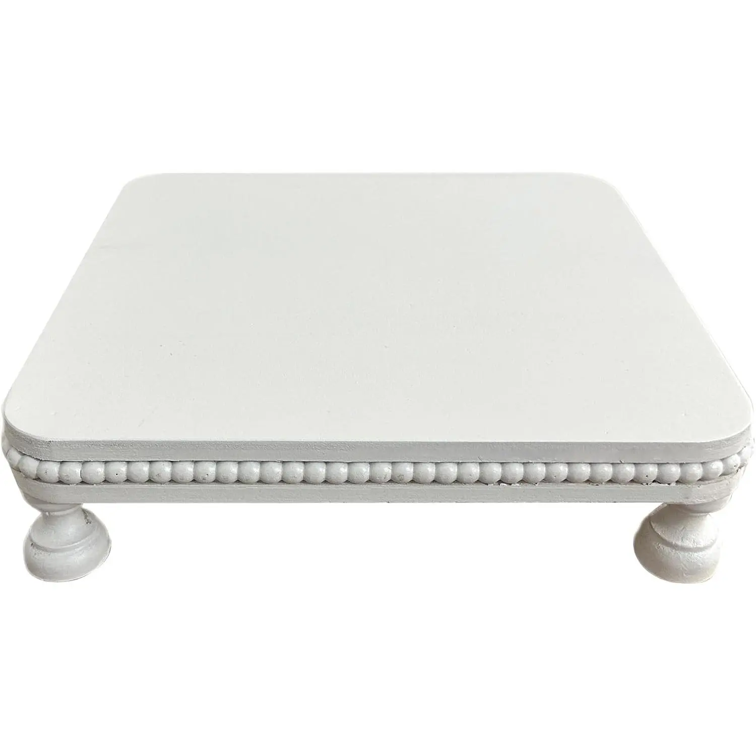 Farmhouse Display Wood Riser, 12" Decorative Beaded Pedestal Stand, Square Tiered Tray Decor for Kitcher Decor, Countertop (White)