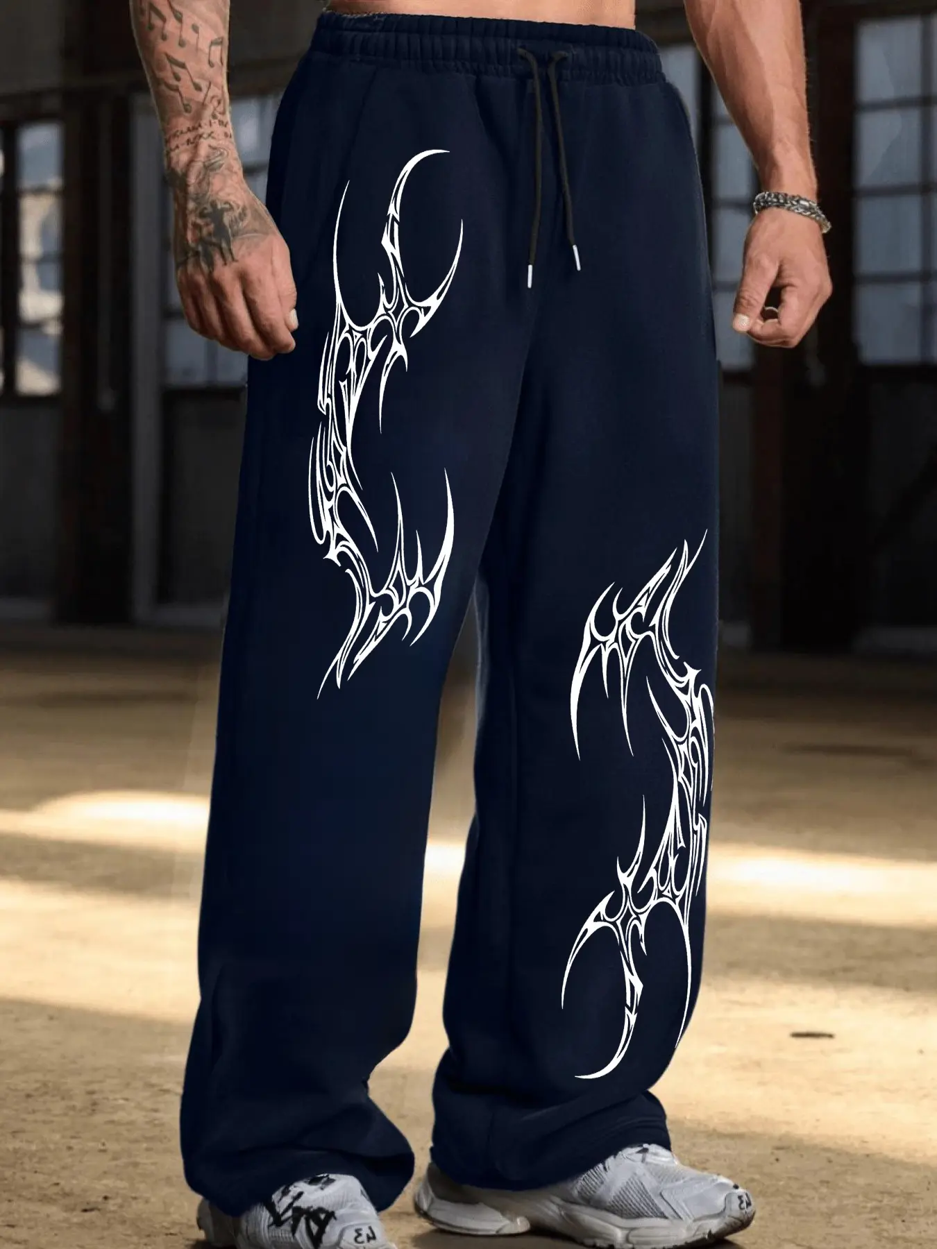 Men Gothic Tribal Thorn Graphic Wide Leg Sweatpants, Y2K Hip Hop Baggy Loose Fit Drawstring Joggers, Alt Streetwear Casual Skate Trousers for Daily Wear